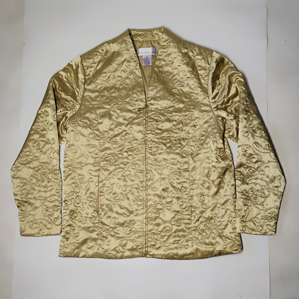 Susan Graver Size M Light Gold Quilted Satin Jacket Zip Up Blazer Embroidered
